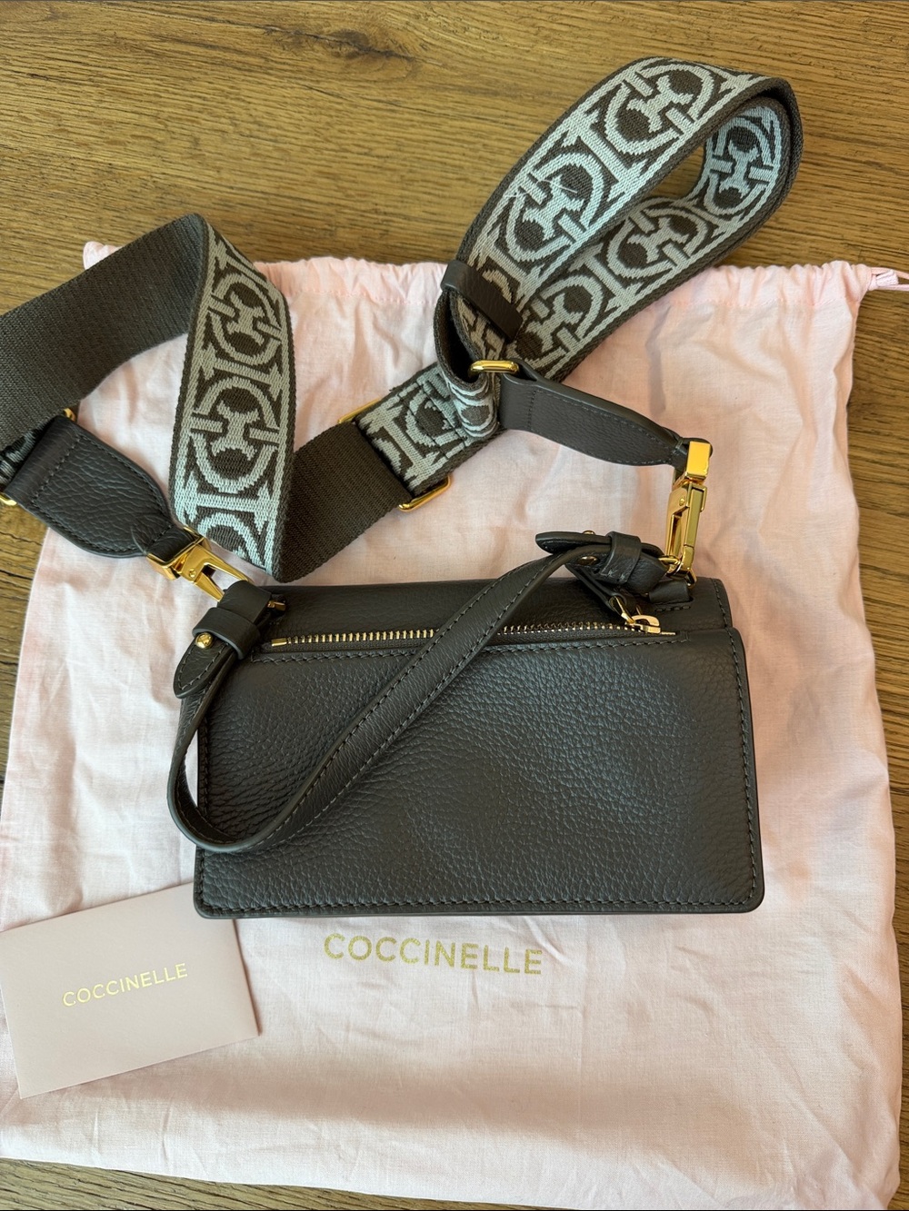 Coccinelle Charcoal Gray Leather Crossbody Bag with Logo Strap - Picture 4 of 4